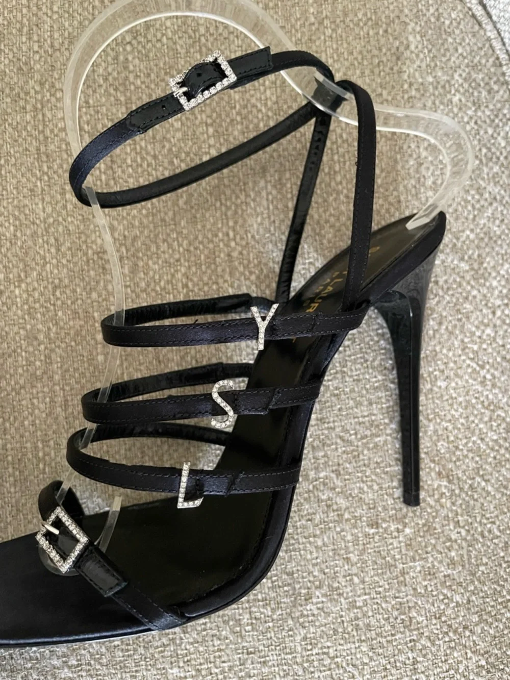 Saint Laurent Jerry Sandals Black Satin Rhinestone YSL Heels EU39 US9 NIB - Picture 7 of 16